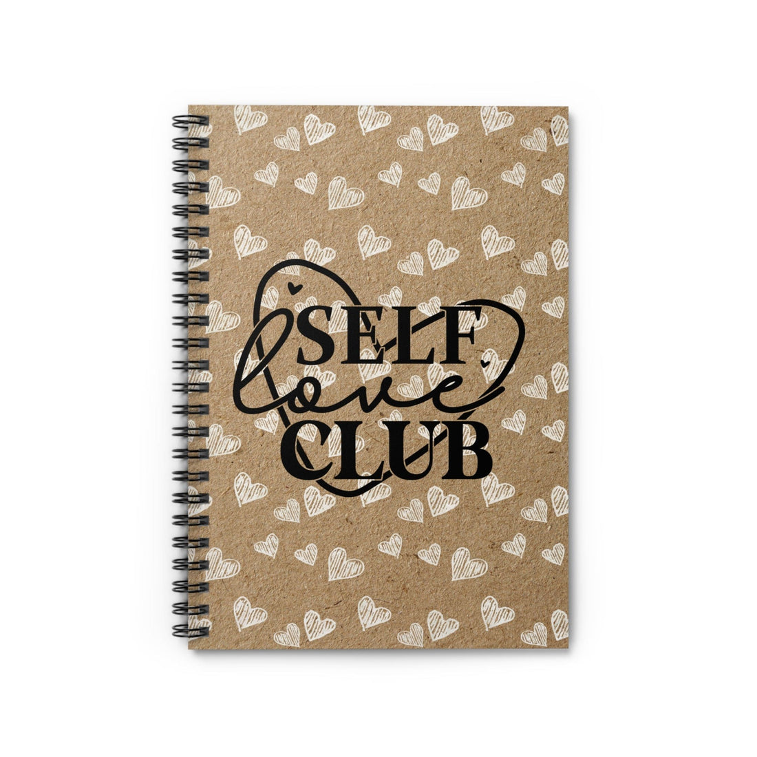 Beautiful Spiral Kraft Notebook Design, Lined Journal, Cute Heart Doodle with Self Care Quote, Self Love Club