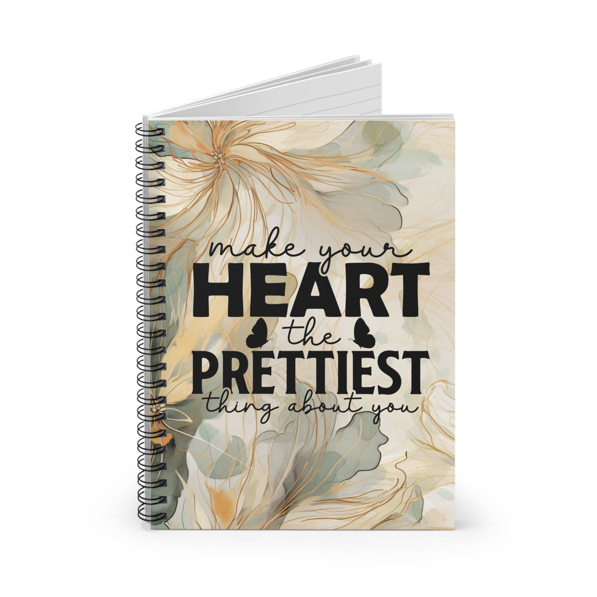 Metallic Watercolor, Floral Spiral Notebook, Beautiful Lined Pages Journal, with Self Care Quote, Cute Butterflies