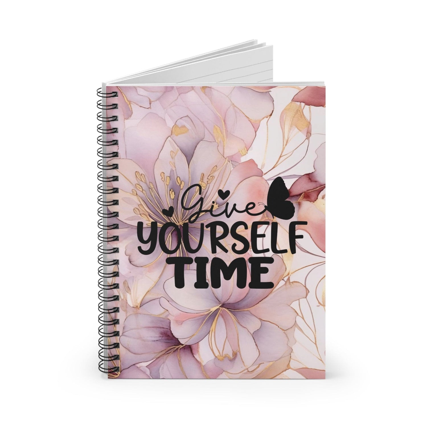 Metallic Watercolor, Floral Spiral Notebook, Beautiful Lined Journal with Self Care Quote