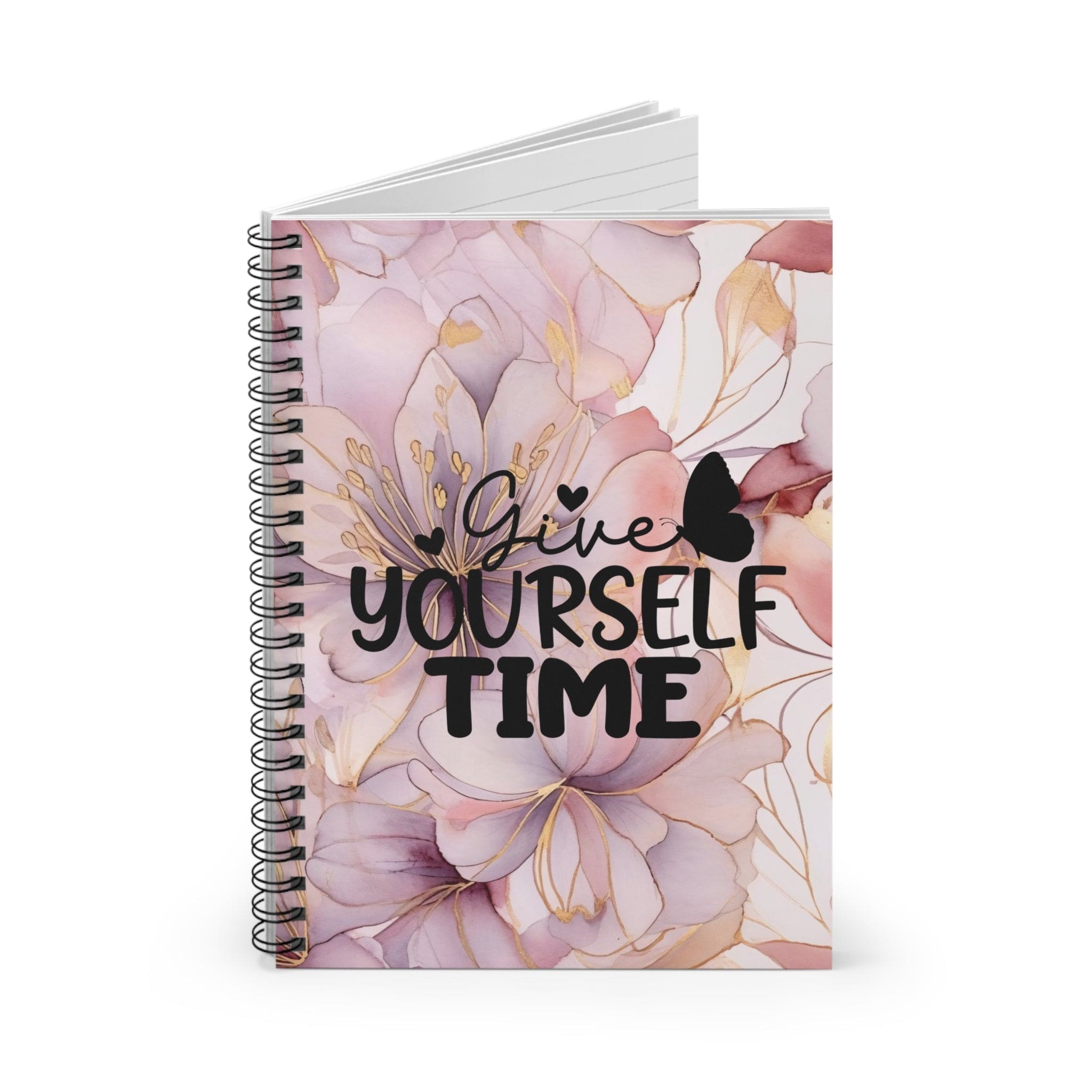 Metallic Watercolor, Floral Spiral Notebook, Beautiful Lined Journal with Self Care Quote