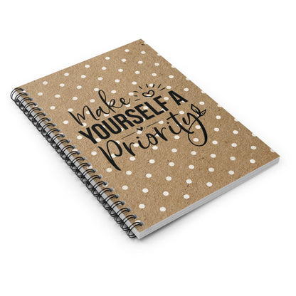 Cute White Polka Dot Kraft Notebook Design, Spiral Journal Blank Pages, with Self Care Quote