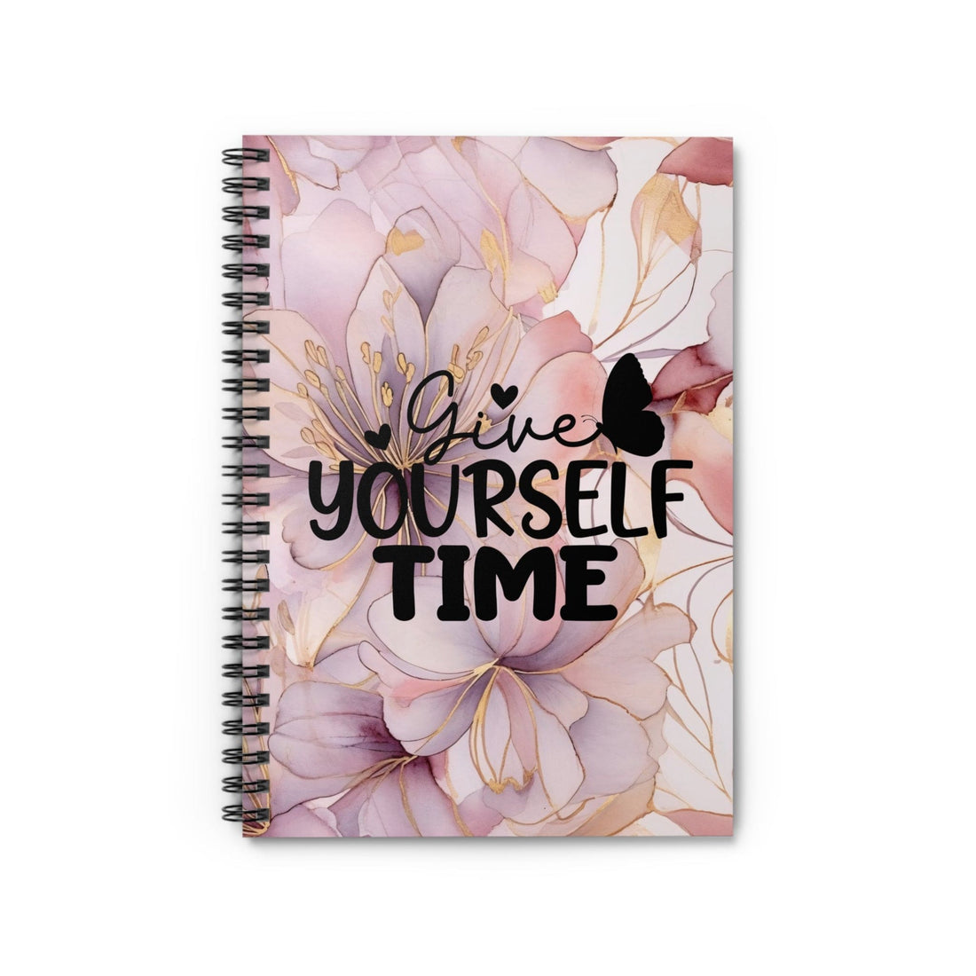 Metallic Watercolor, Floral Spiral Notebook, Beautiful Lined Journal with Self Care Quote