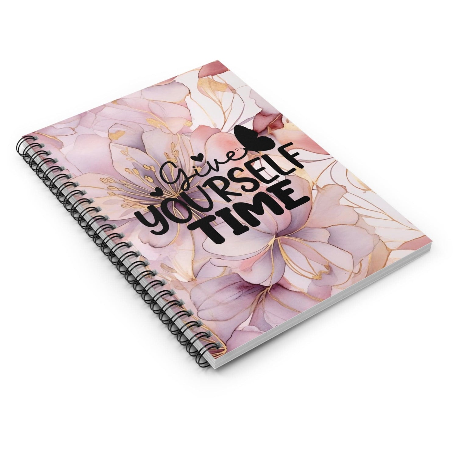 Metallic Watercolor, Floral Spiral Notebook, Beautiful Lined Journal with Self Care Quote