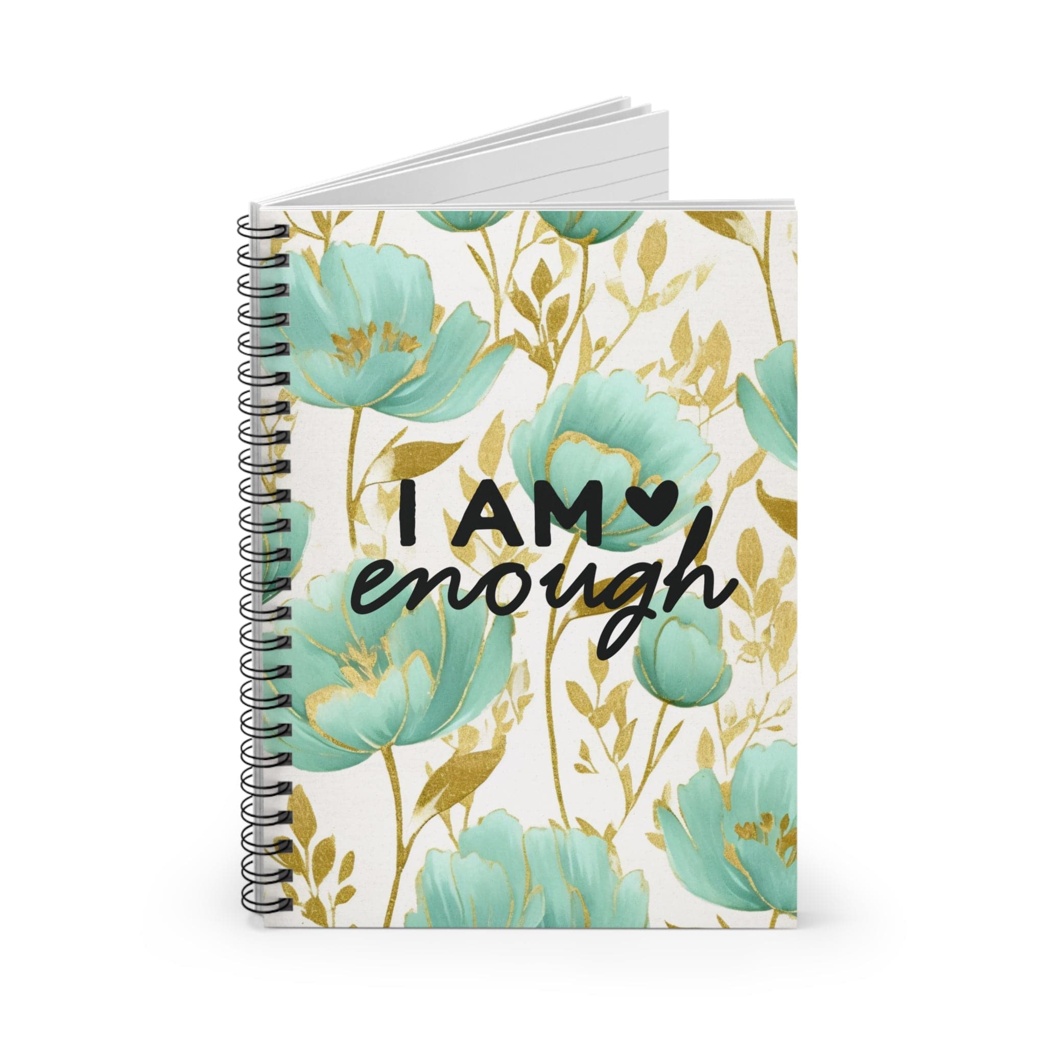 Beautiful Floral Spiral Notebook, Lined Journal, Metallic Watercolor, with Motivational Quote, I am enough