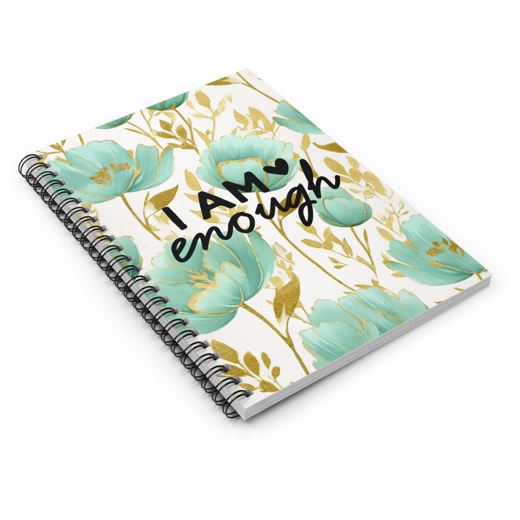 Beautiful Floral Spiral Notebook, Lined Journal, Metallic Watercolor, with Motivational Quote, I am enough