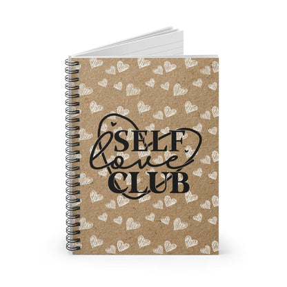 Beautiful Spiral Kraft Notebook Design, Lined Journal, Cute Heart Doodle with Self Care Quote, Self Love Club