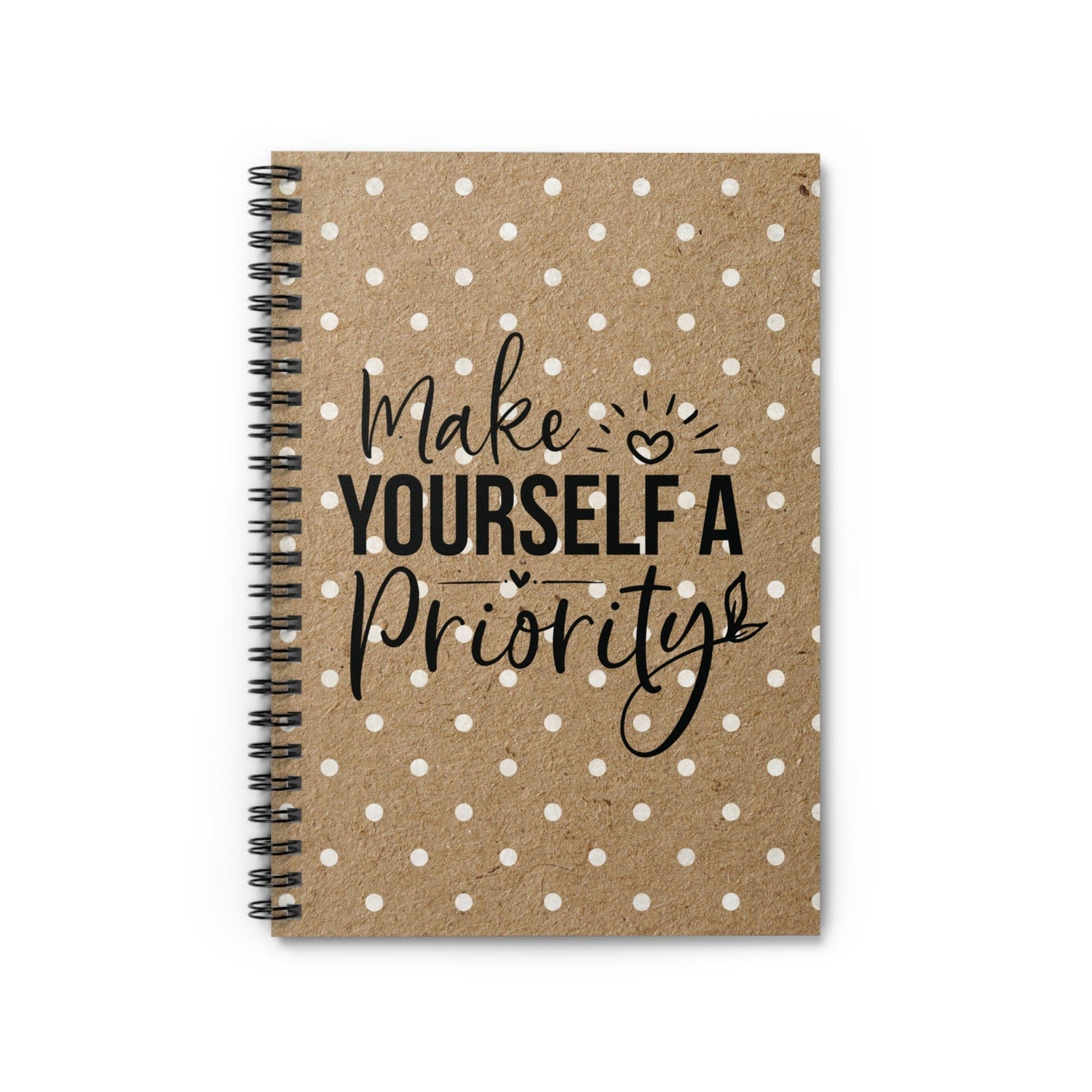 Cute White Polka Dot Kraft Notebook Design, Spiral Journal Blank Pages, with Self Care Quote