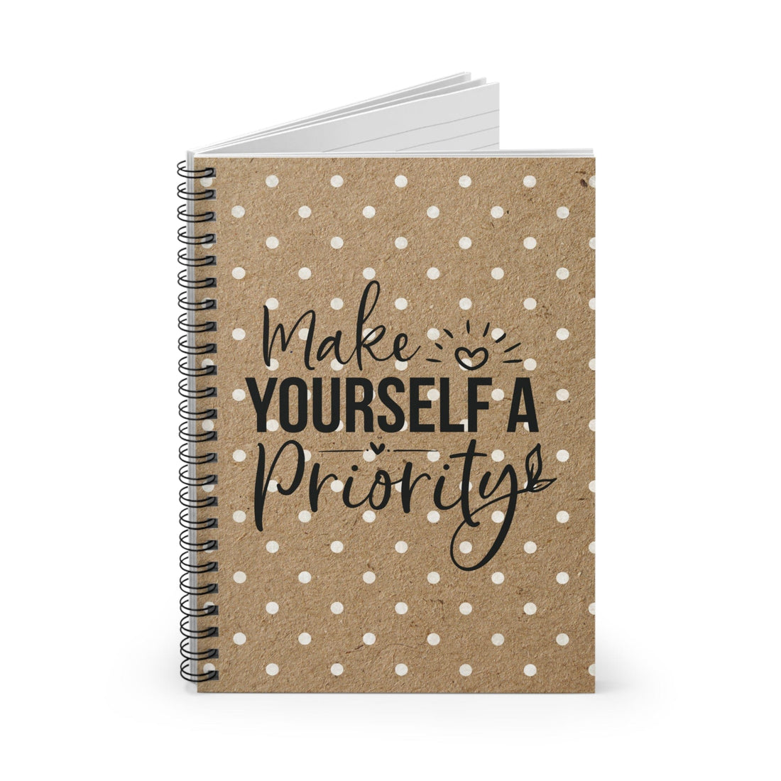 Cute White Polka Dot Kraft Notebook Design, Spiral Journal Blank Pages, with Self Care Quote