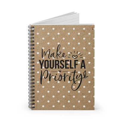 Cute White Polka Dot Kraft Notebook Design, Spiral Journal Blank Pages, with Self Care Quote