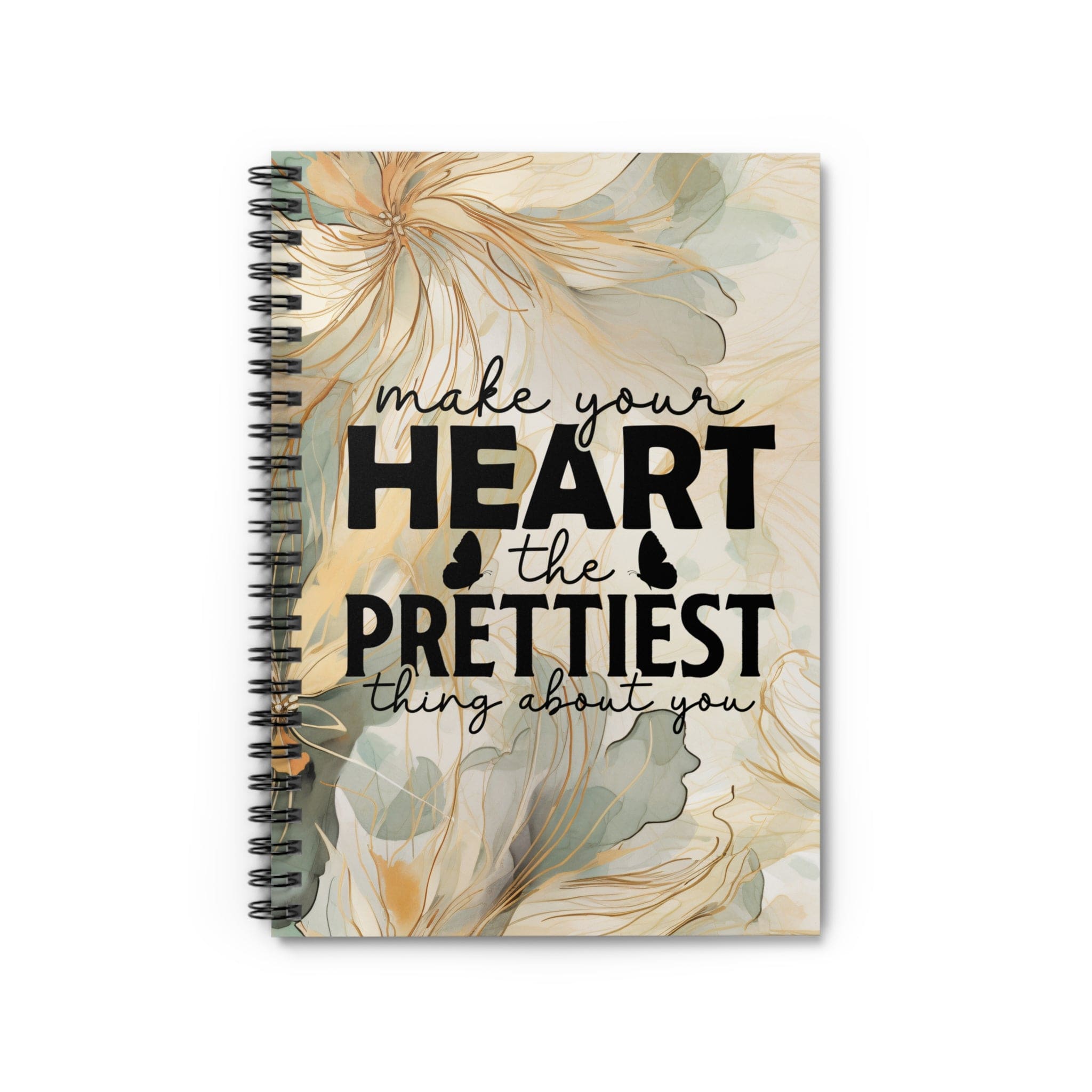 Metallic Watercolor, Floral Spiral Notebook, Beautiful Lined Pages Journal, with Self Care Quote, Cute Butterflies