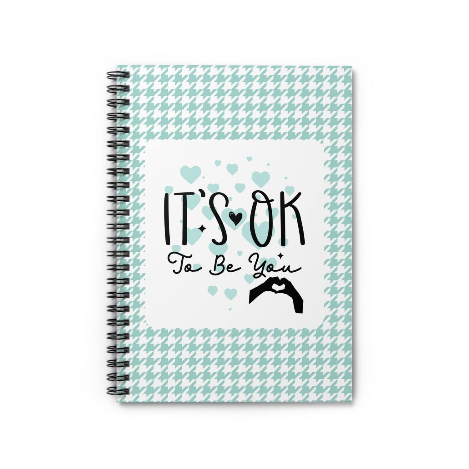 Mint Green Hearts Houndstooth Pattern Therapy Daily Journal Spiral Notebook with Self Care Quote