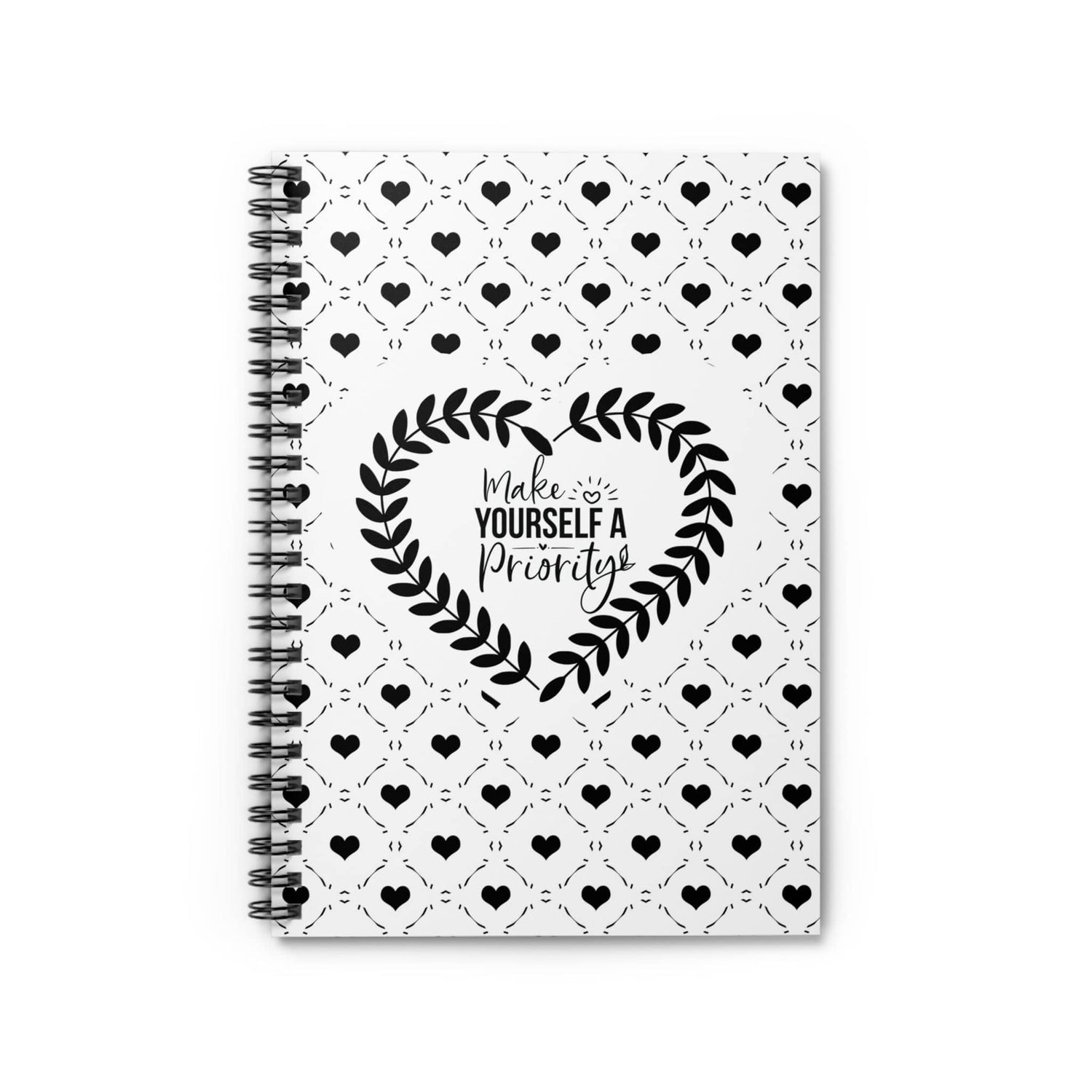 Black and White Vine Ring Heart Lined Journal Spiral Notebook with Self Care Quote