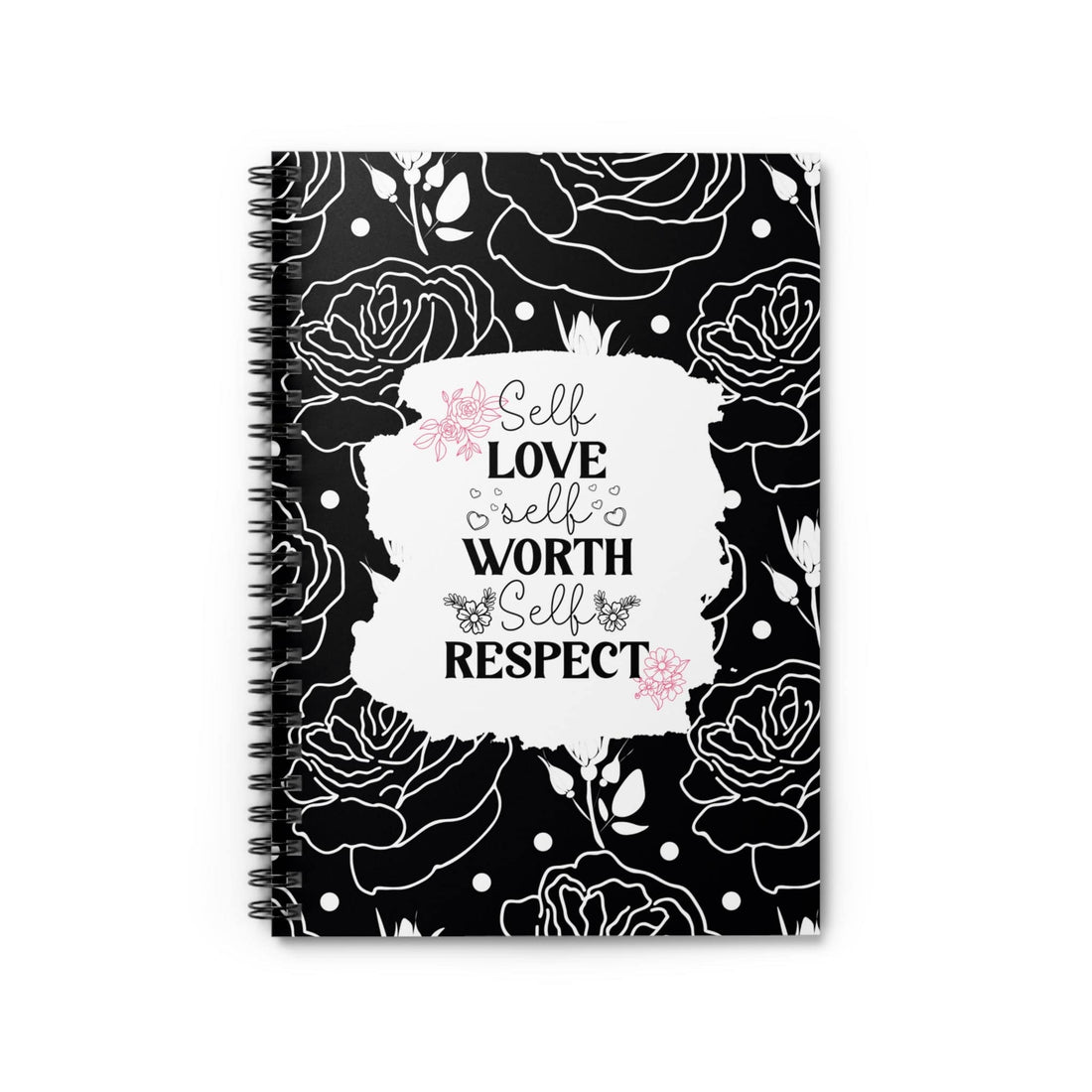 Black and Pink Floral Spiral Notebook Lined Journal Self Care Quote