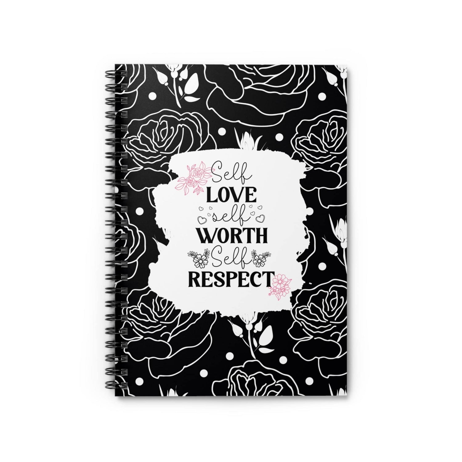 Black and Pink Floral Spiral Notebook Lined Journal Self Care Quote