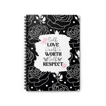 Black and Pink Floral Spiral Notebook Lined Journal Self Care Quote