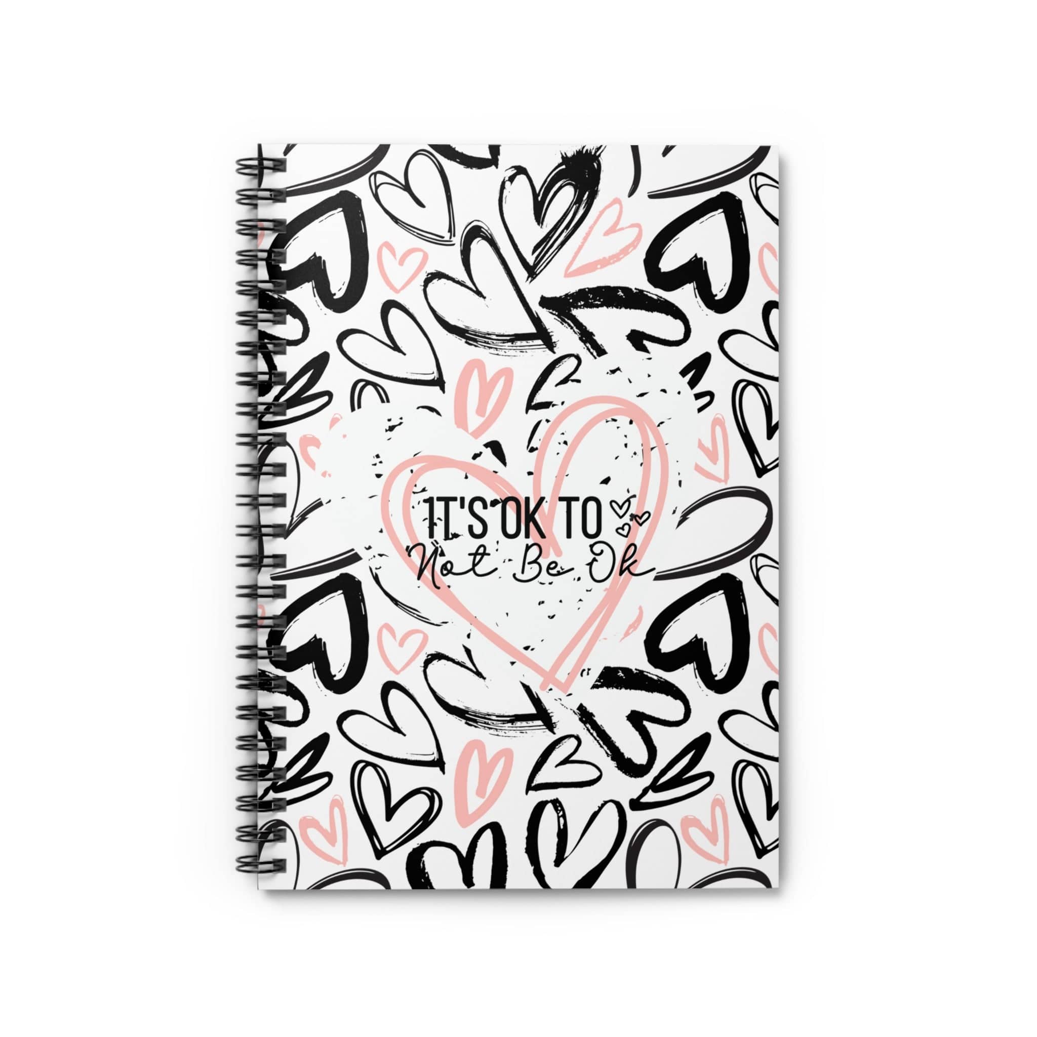 Pink and Black Doodle Hearts Spiral Notebook Lined Journal Motivational Quote