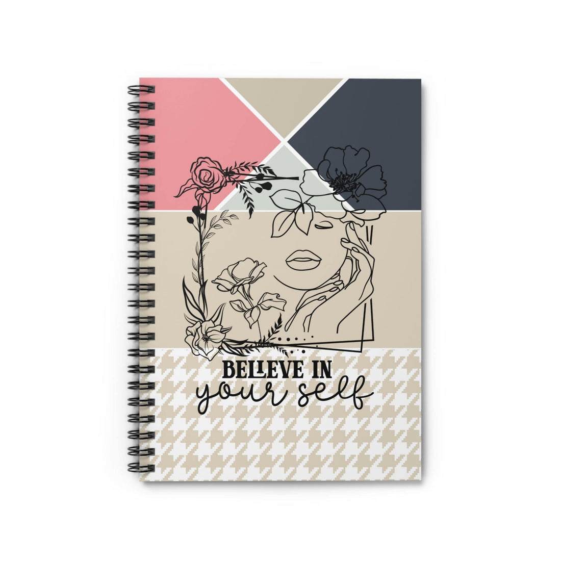 Abstract Art and Floral Framed Face Spiral Notebook Lined Journal Self Care Quote