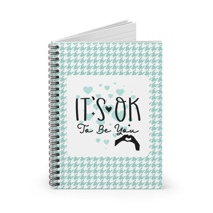 Mint Green Hearts Houndstooth Pattern Therapy Daily Journal Spiral Notebook with Self Care Quote