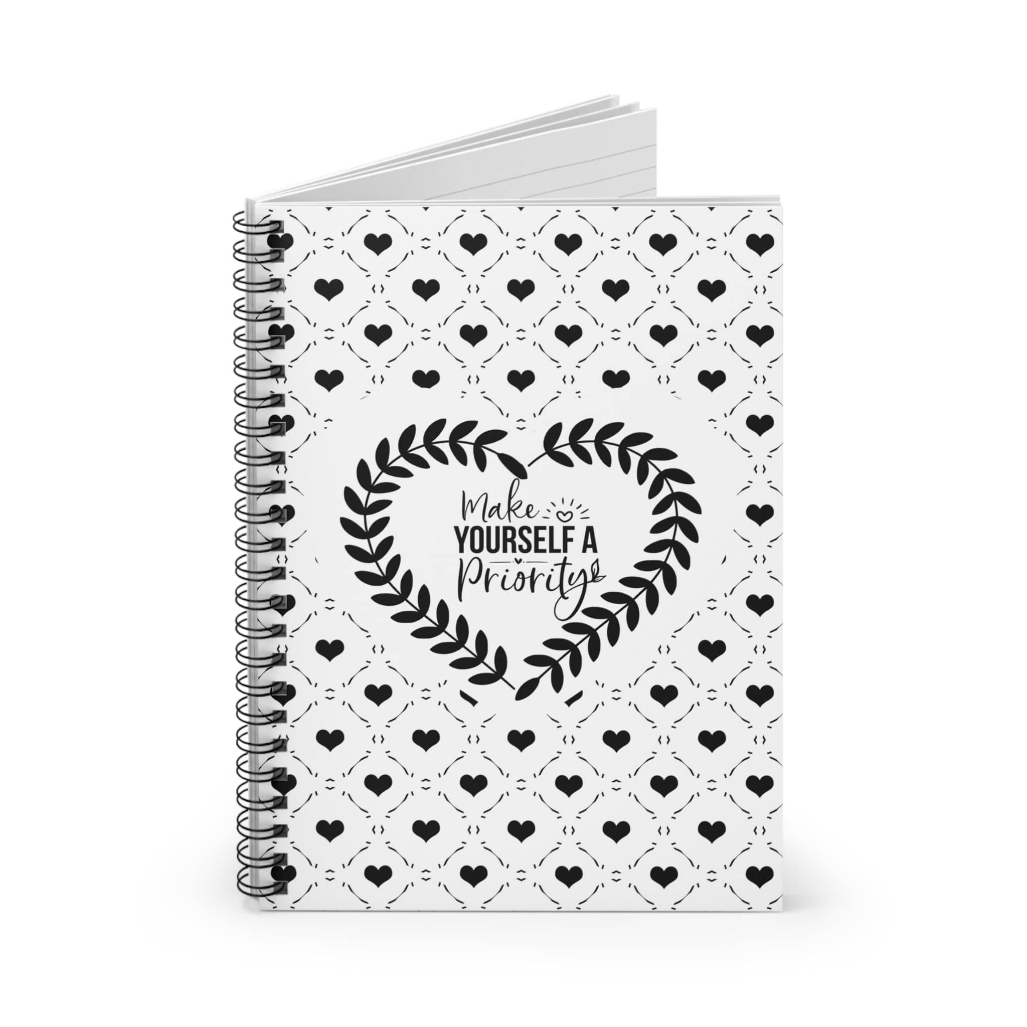 Black and White Vine Ring Heart Lined Journal Spiral Notebook with Self Care Quote