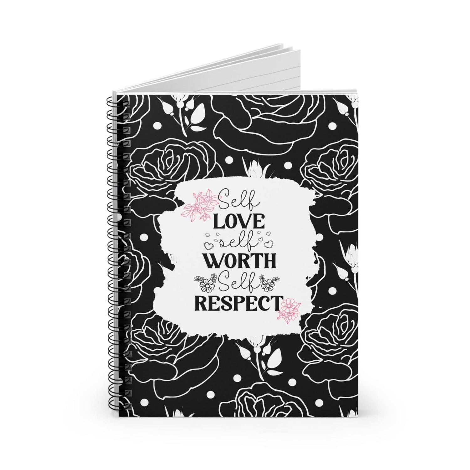 Black and Pink Floral Spiral Notebook Lined Journal Self Care Quote