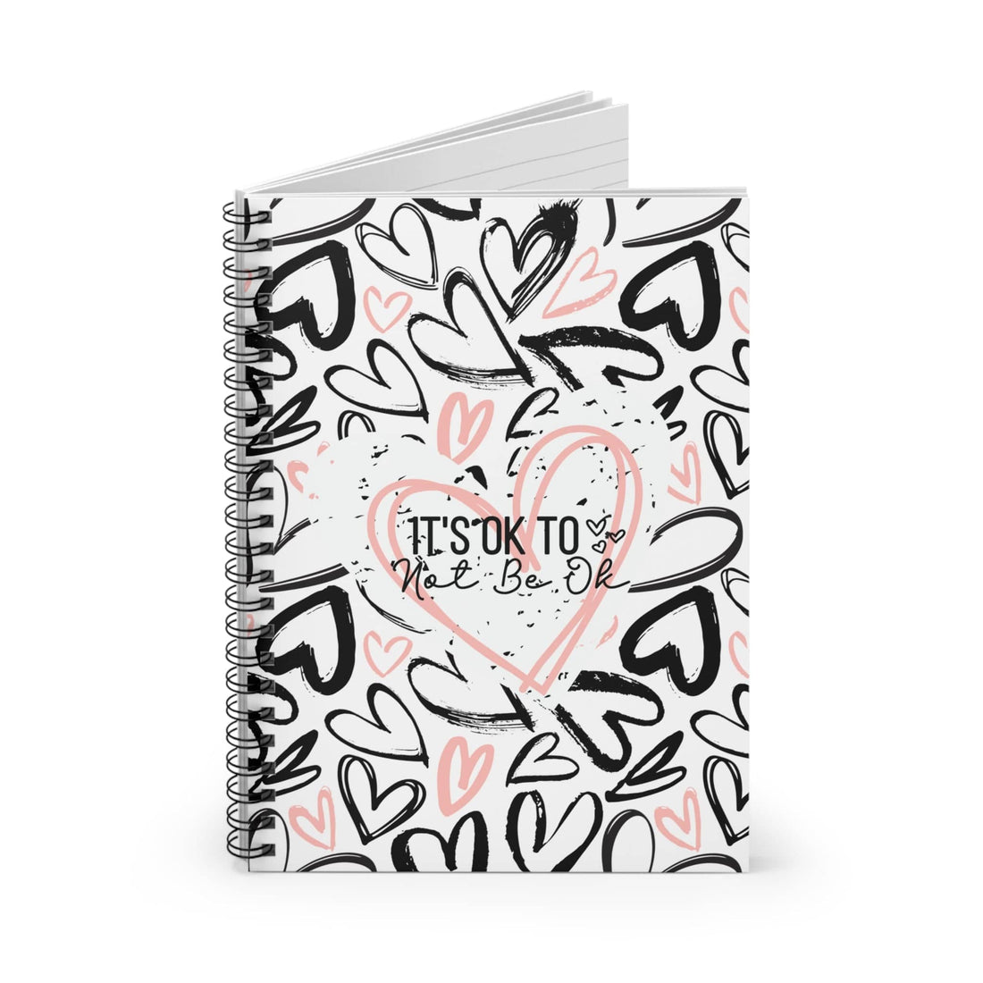 Pink and Black Doodle Hearts Spiral Notebook Lined Journal Motivational Quote