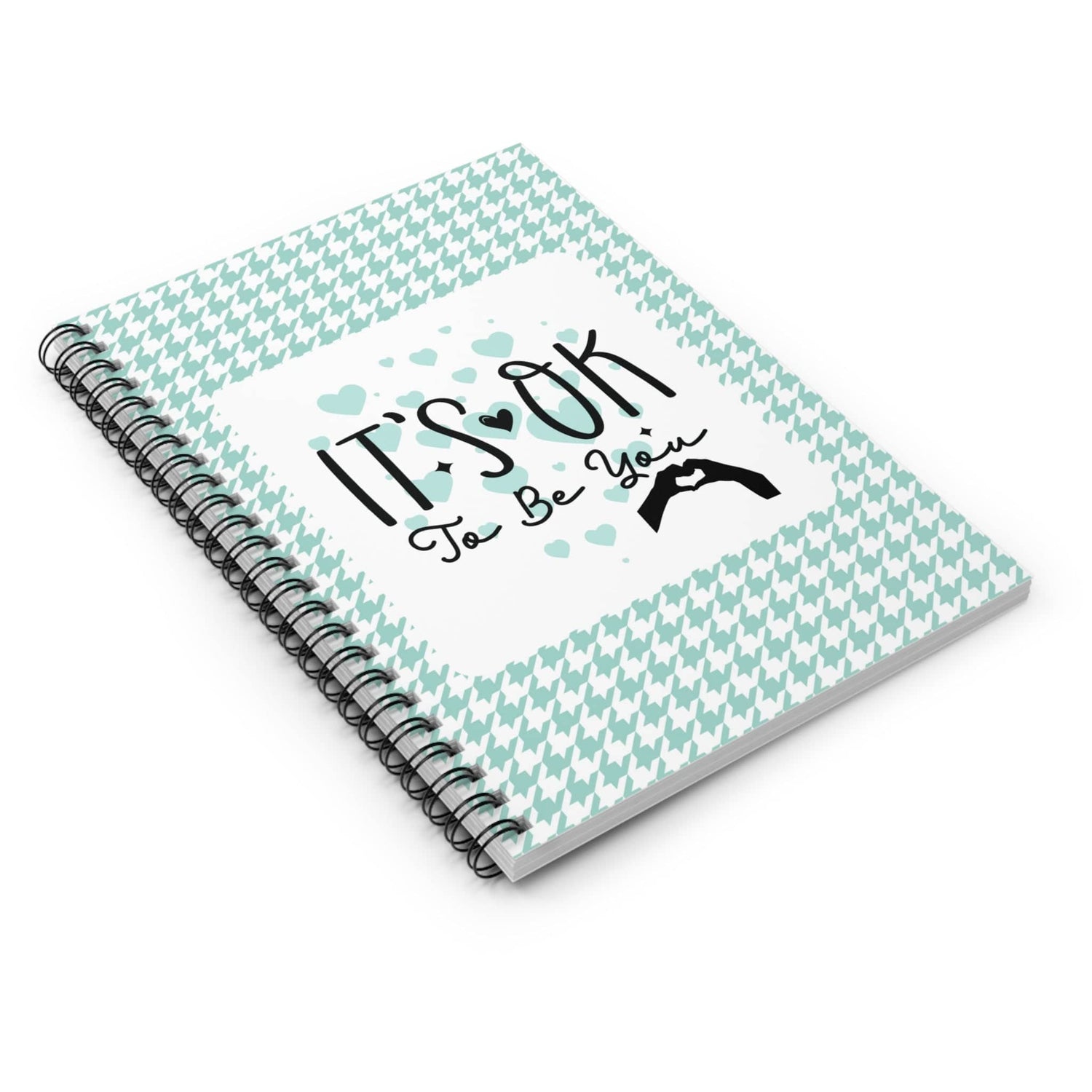 Mint Green Hearts Houndstooth Pattern Therapy Daily Journal Spiral Notebook with Self Care Quote