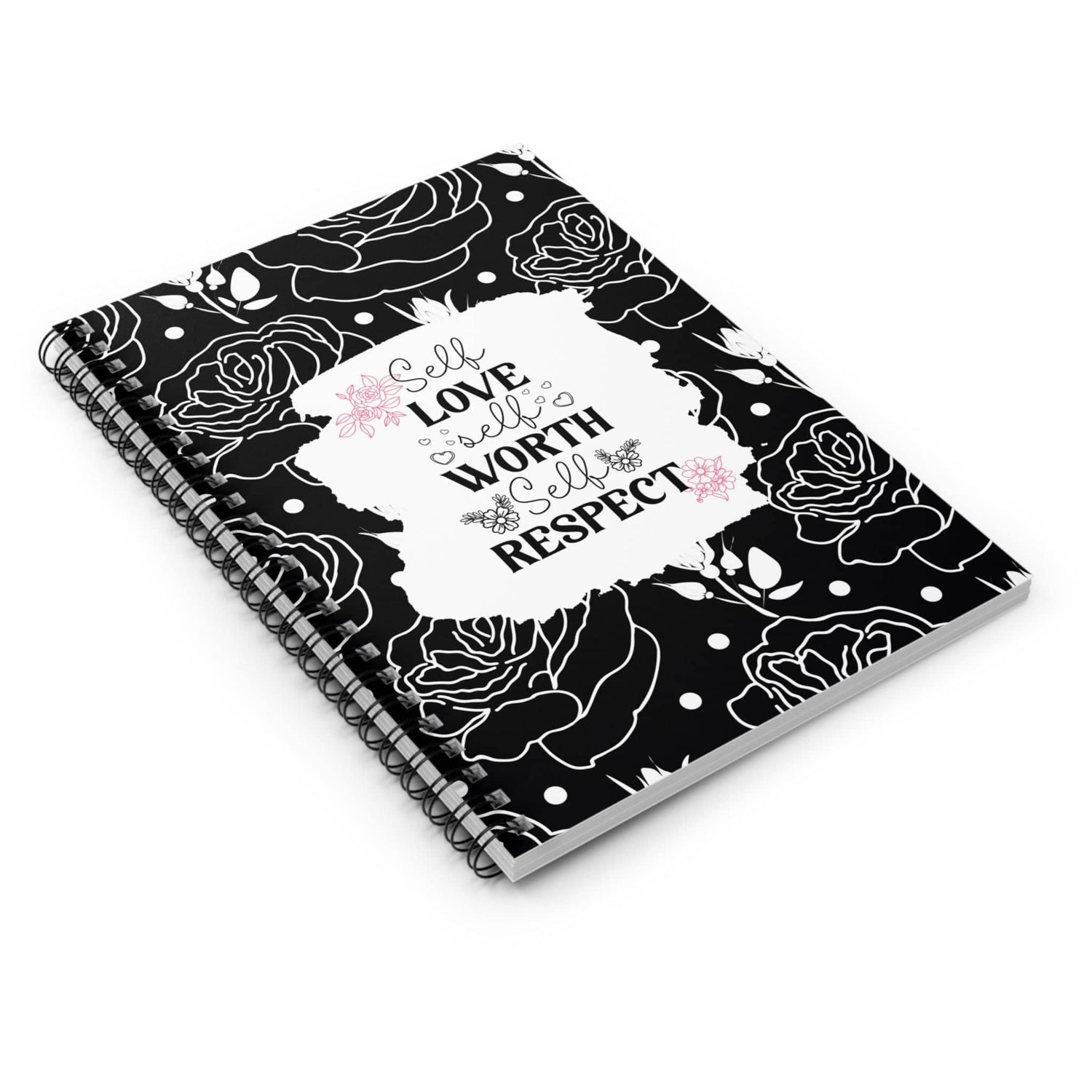 Black and Pink Floral Spiral Notebook Lined Journal Self Care Quote