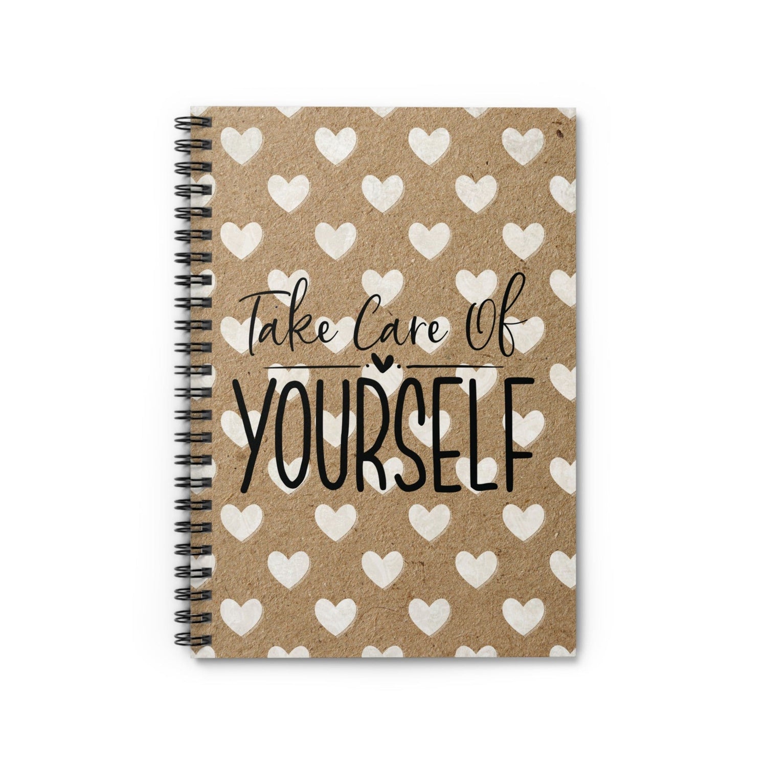 Beautiful Kraft Notebook, Lined Journal, Design and White Hearts with Self Care Quote