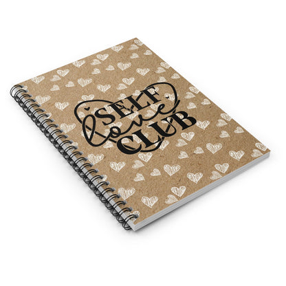 Beautiful Spiral Kraft Notebook Design, Lined Journal, Cute Heart Doodle with Self Care Quote, Self Love Club