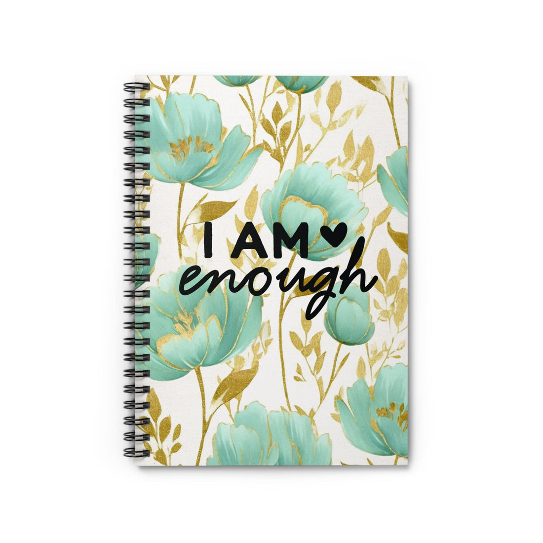 Beautiful Floral Spiral Notebook, Lined Journal, Metallic Watercolor, with Motivational Quote, I am enough