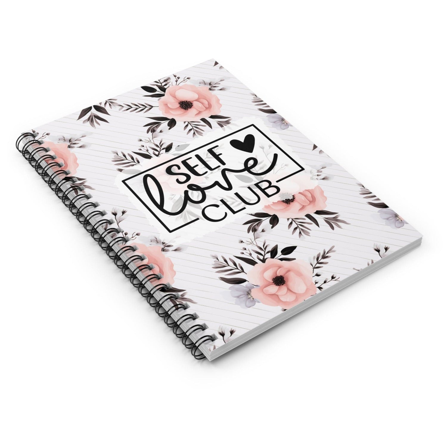 Cute Floral Spiral Notebook, Lined Journal, Watercolor Flowers, with Motivational Quote &quot;Self Love Club&quot;