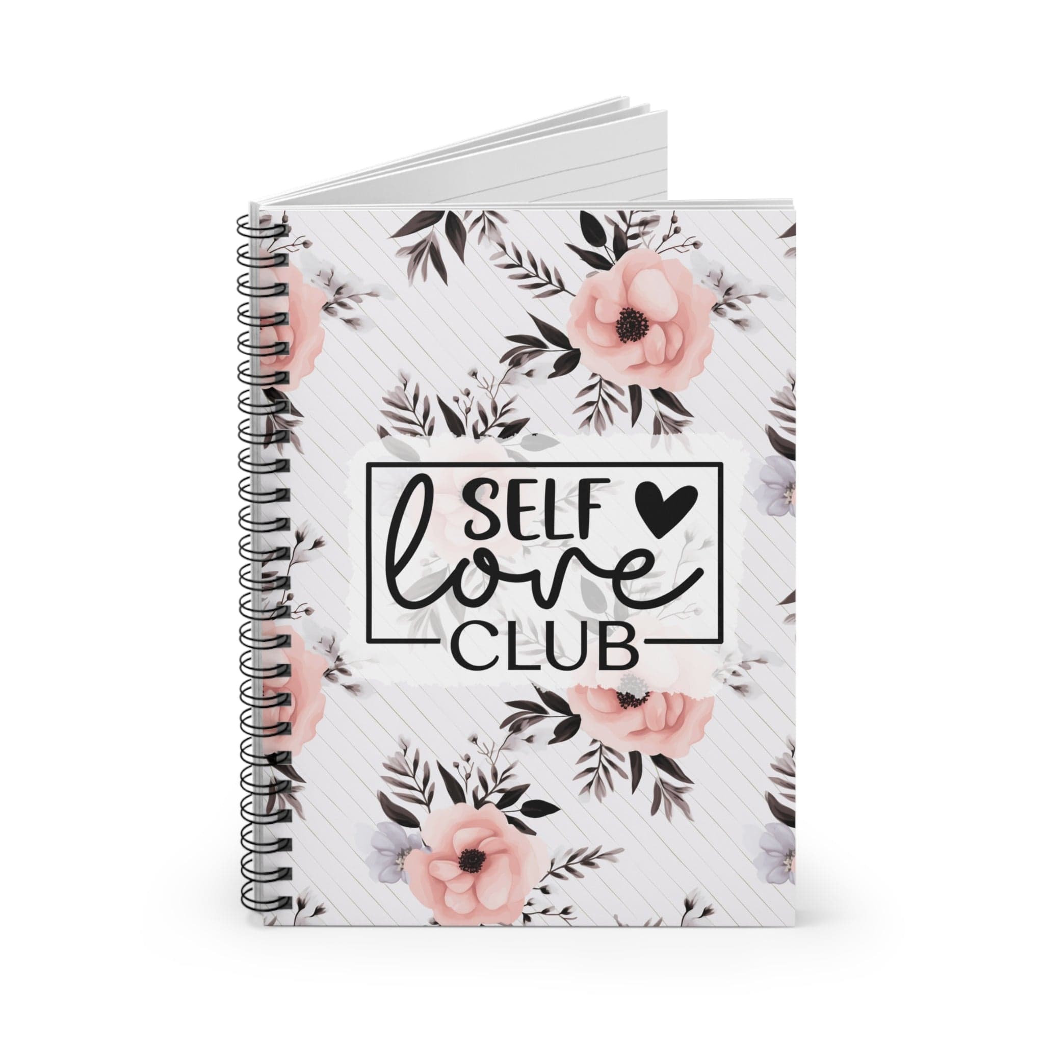 Cute Floral Spiral Notebook, Lined Journal, Watercolor Flowers, with Motivational Quote &quot;Self Love Club&quot;