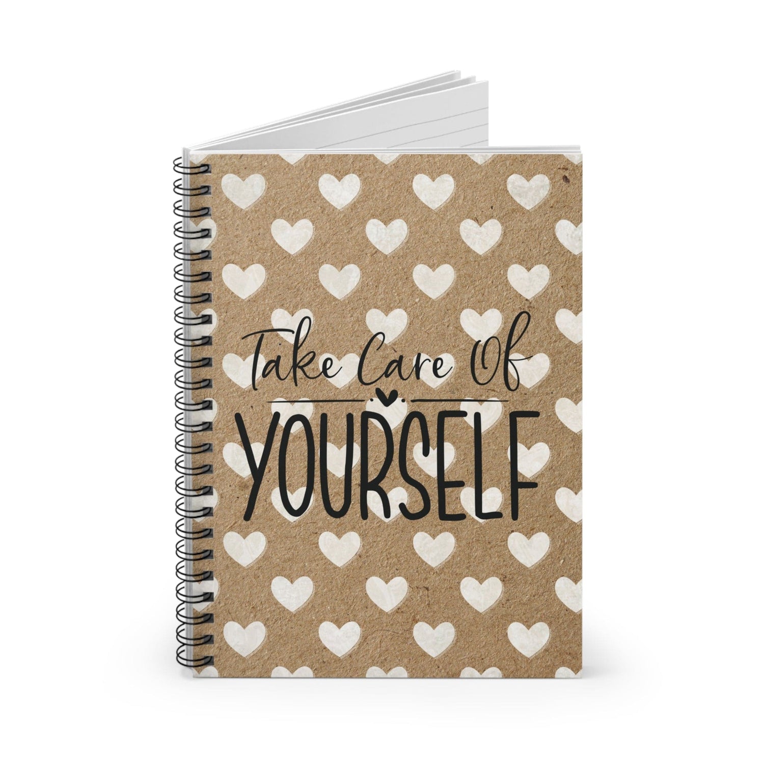 Beautiful Kraft Notebook, Lined Journal, Design and White Hearts with Self Care Quote