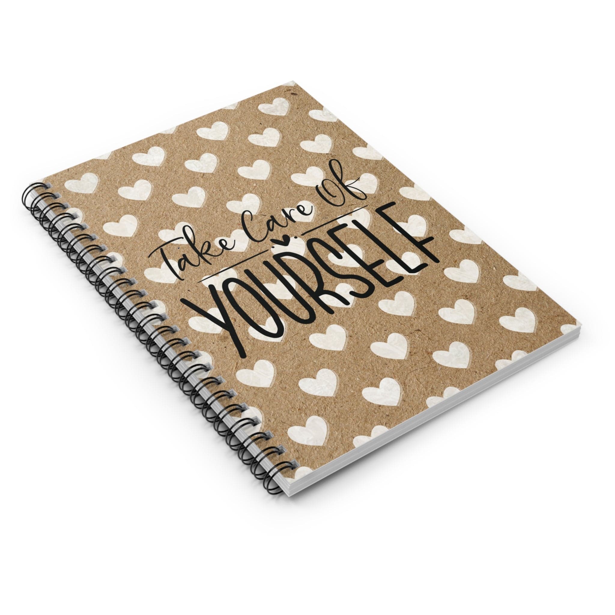 Beautiful Kraft Notebook, Lined Journal, Design and White Hearts with Self Care Quote