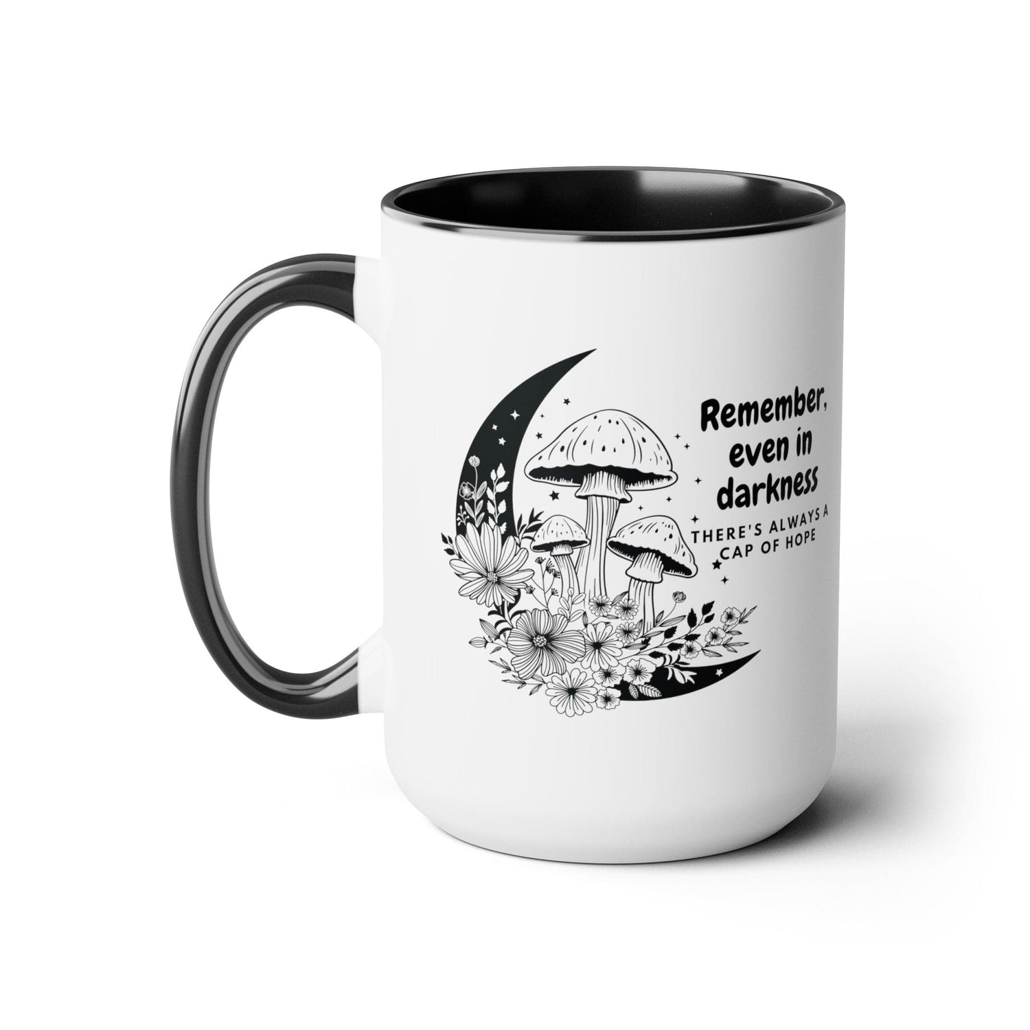 Mushroom Mug, Celestial Mug, with Crescent Moon, Nature Line Art, Wildflowers, Motivational Quote, Coffee Lover Gift