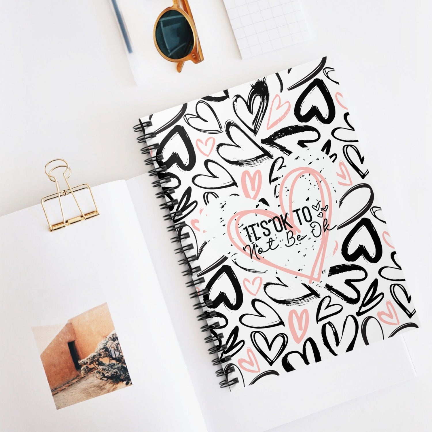 Pink and Black Doodle Hearts Spiral Notebook Lined Journal Motivational Quote