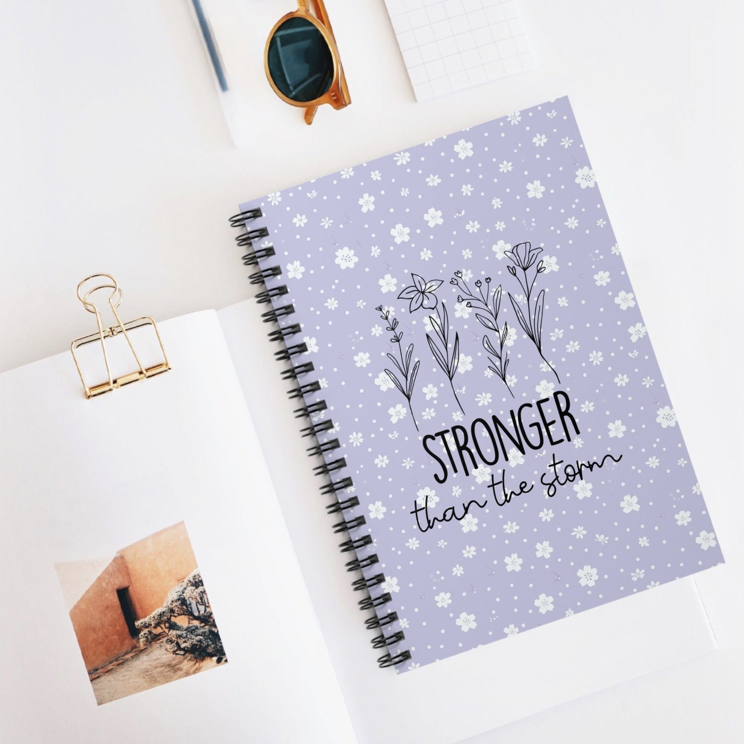 Cute Lavender Floral Spiral Notebook, Lined Journal, with Self Care Quote