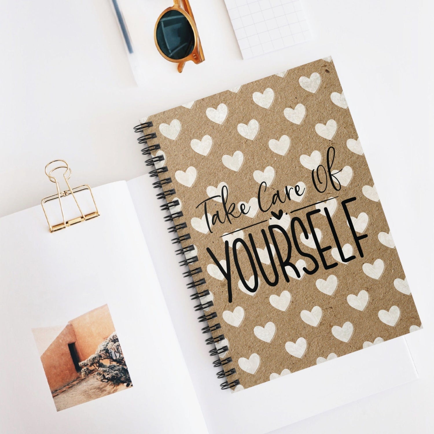 Beautiful Kraft Notebook, Lined Journal, Design and White Hearts with Self Care Quote