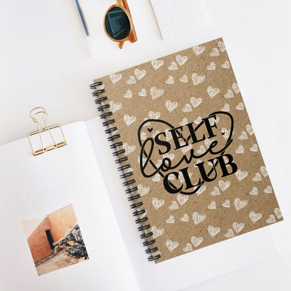 Beautiful Spiral Kraft Notebook Design, Lined Journal, Cute Heart Doodle with Self Care Quote, Self Love Club