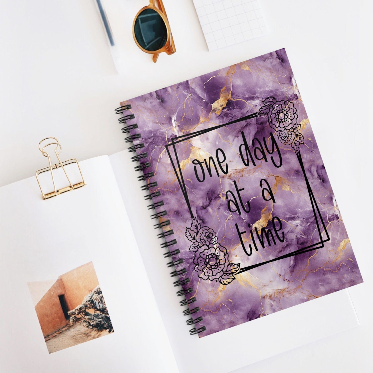 Beautiful Purple and Gold Metallic Watercolor Notebook, Spiral Journal Blank Pages, with Self Care Quote