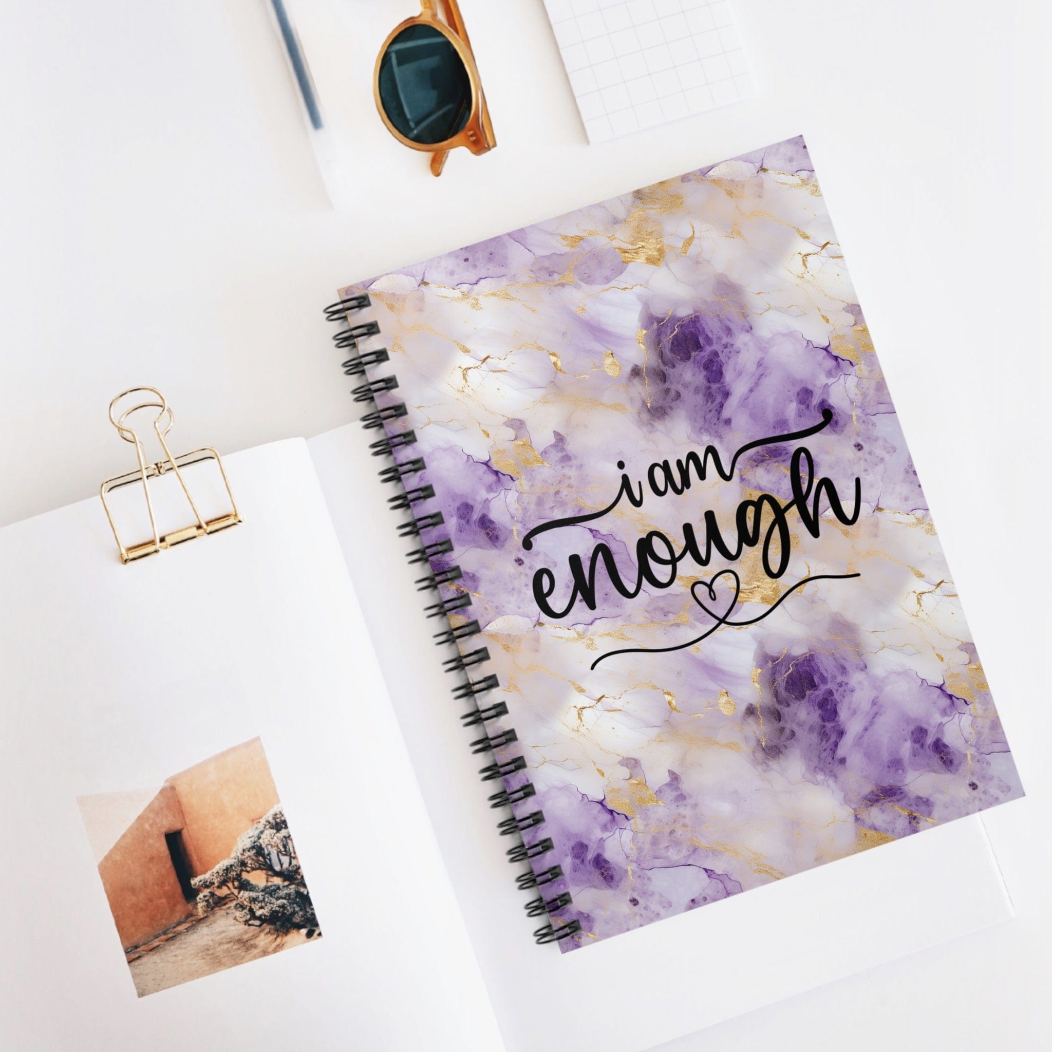 Gorgeous Purple and Gold Metallic Watercolor Notebook, Spiral Journal Blank Pages, with Self Care Quote &quot;I am enough&quot;