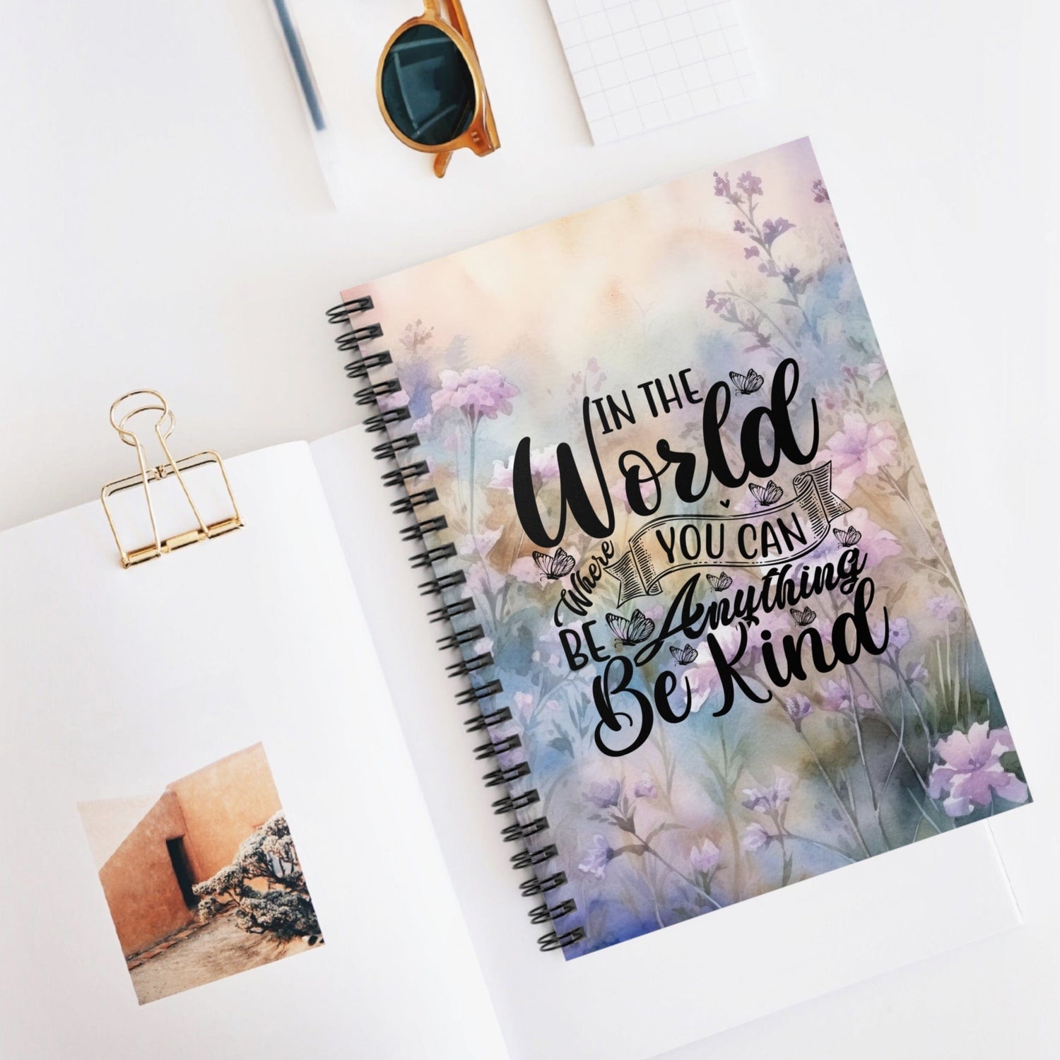 Beautiful Floral Spiral Notebook, Lined Journal, Watercolor Flowers with Self Care Quote