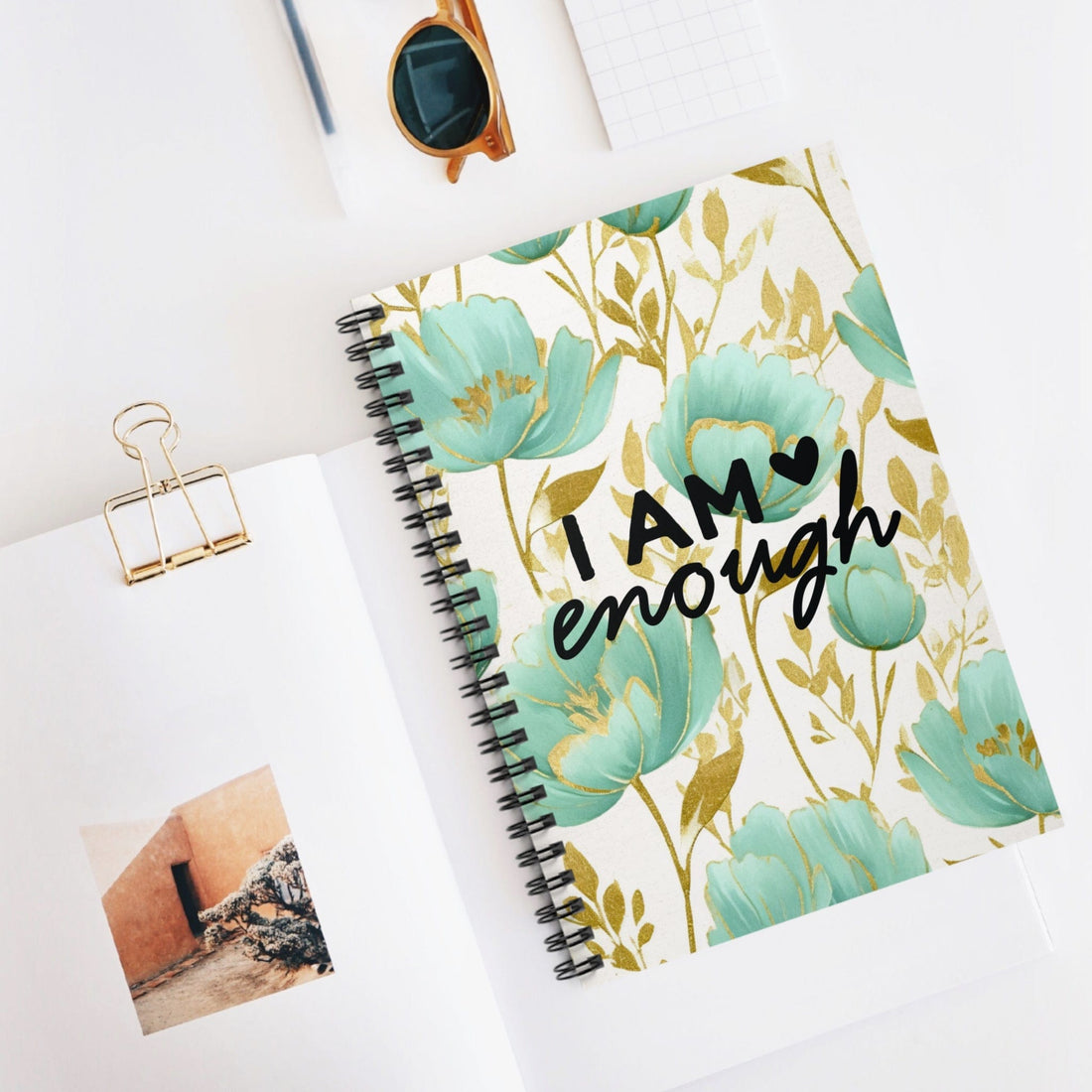 Beautiful Floral Spiral Notebook, Lined Journal, Metallic Watercolor, with Motivational Quote, I am enough