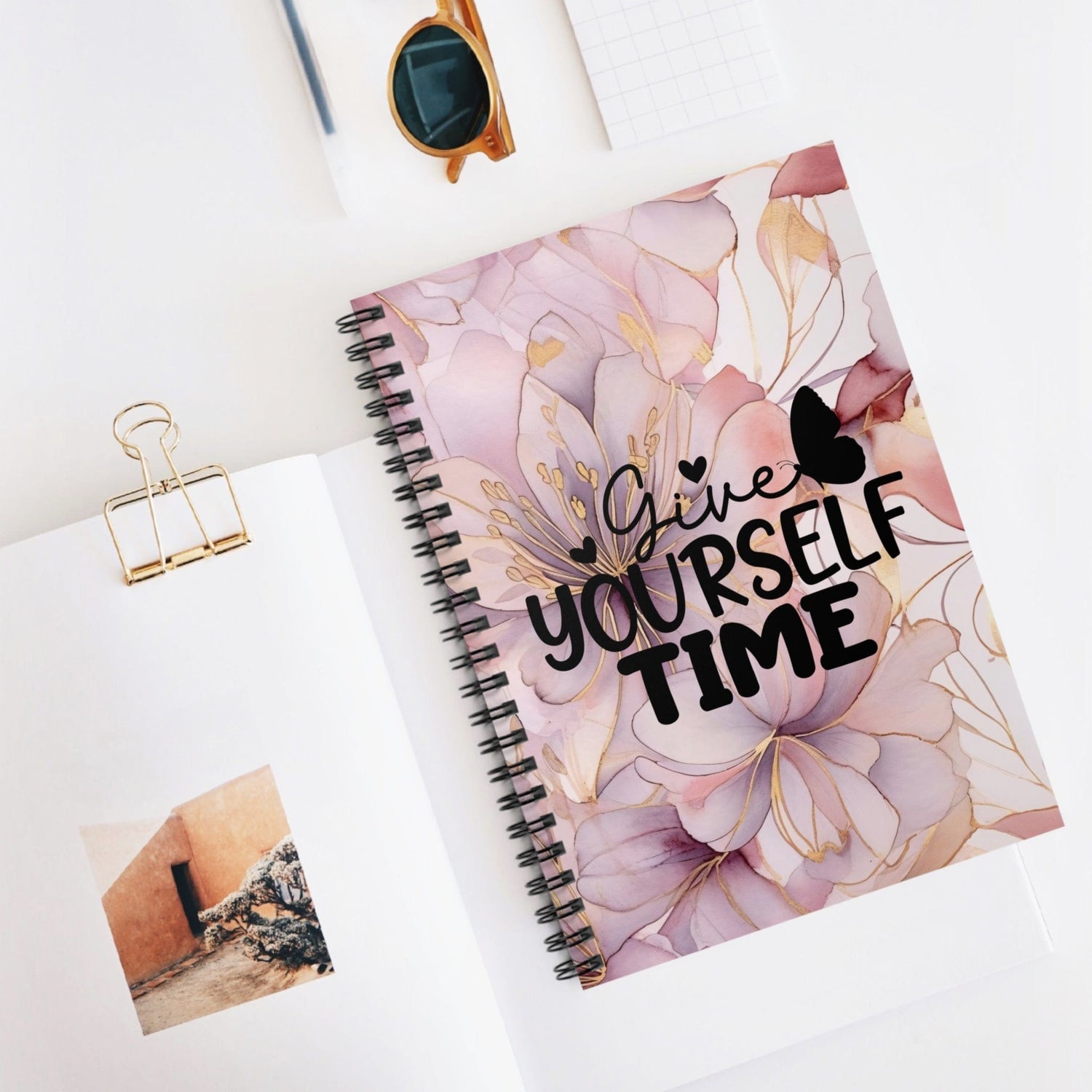 Metallic Watercolor, Floral Spiral Notebook, Beautiful Lined Journal with Self Care Quote