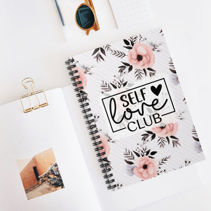 Cute Floral Spiral Notebook, Lined Journal, Watercolor Flowers, with Motivational Quote &quot;Self Love Club&quot;