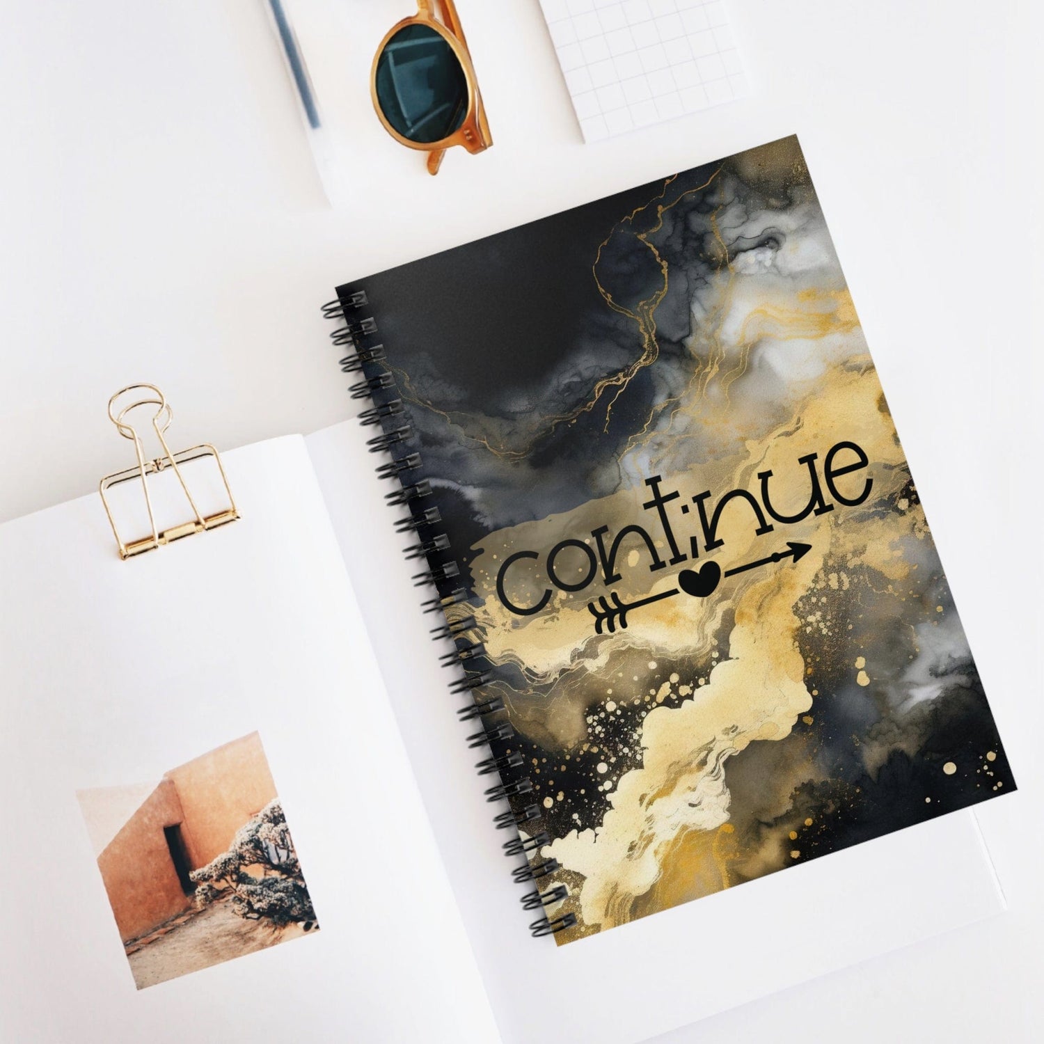 Metallic Watercolor Notebook, Spiral Journal Blank Pages, Black and Gold with Continue Motivational Quote