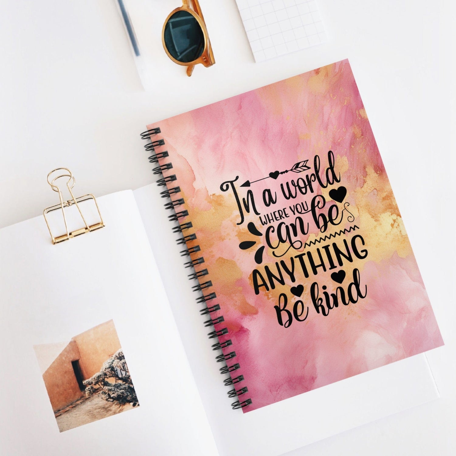 Metallic Watercolor Notebook, Spiral Journal, Beautiful Pink and Gold with Motivational Quote