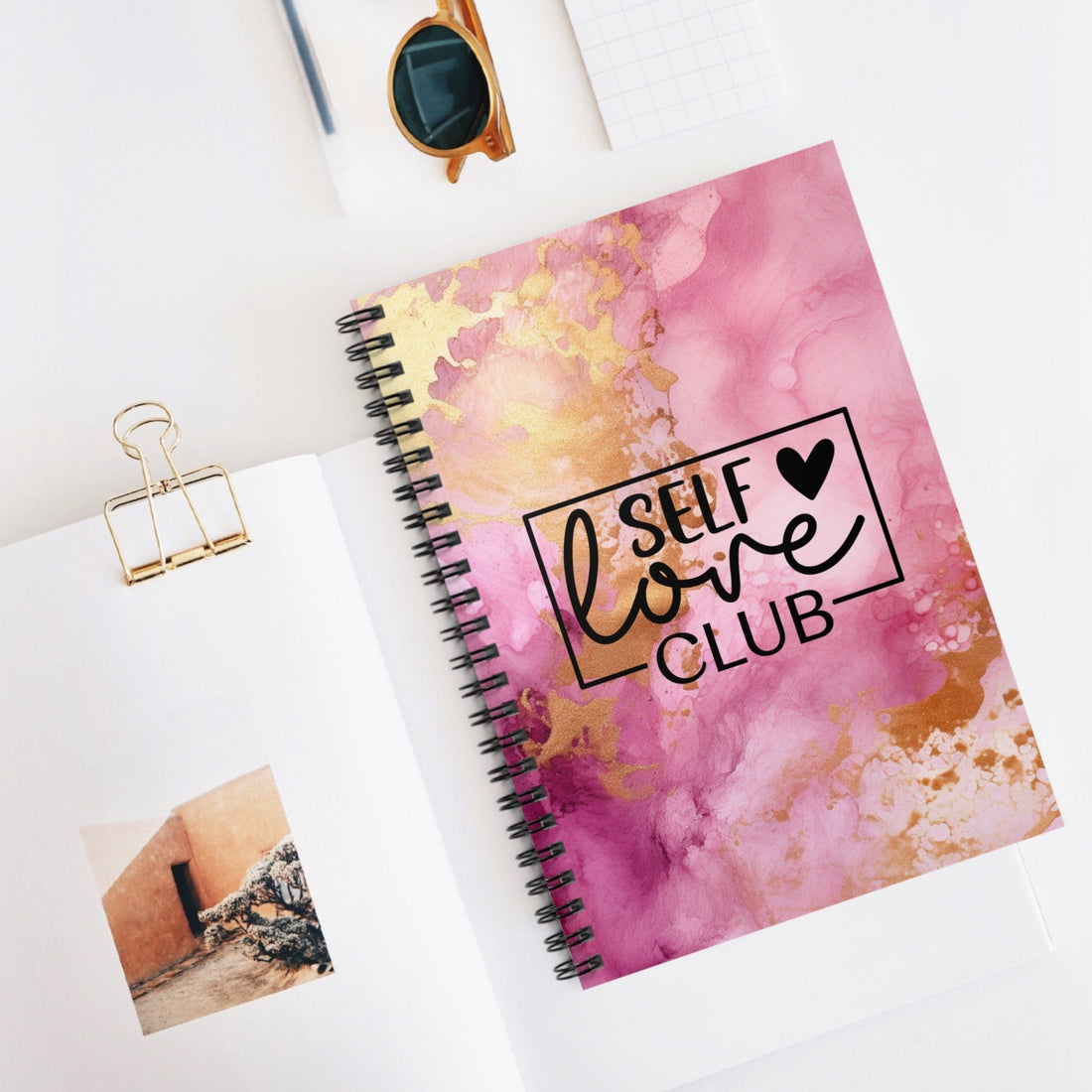 Beautiful Metallic Watercolor Notebook, Lined Journal, with Motivational Quote, &quot;Self Love Club&quot;