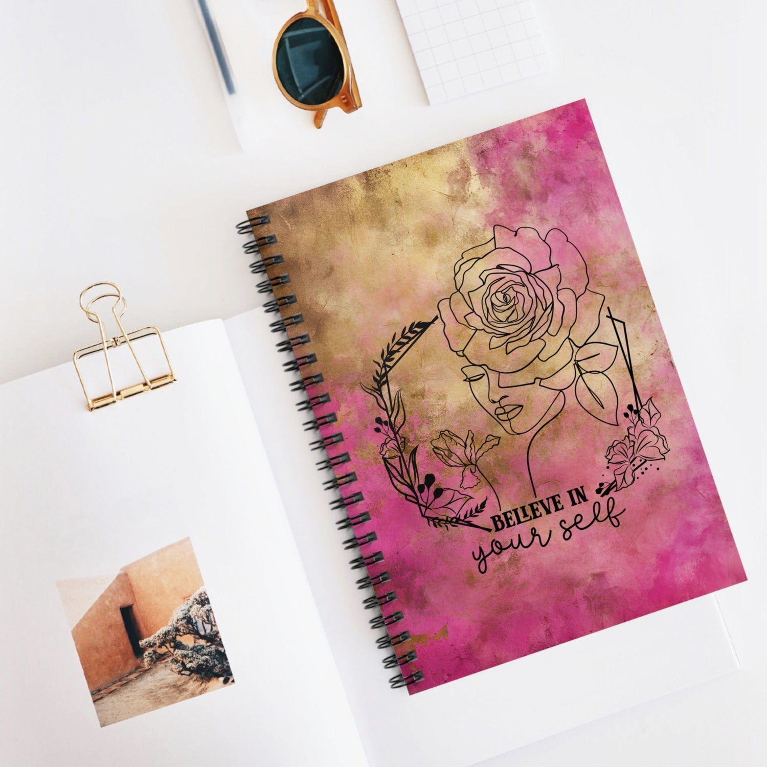 Metallic Watercolor Notebook, Spiral Journal Blank Pages, Beautiful Pink and Gold Foil Print