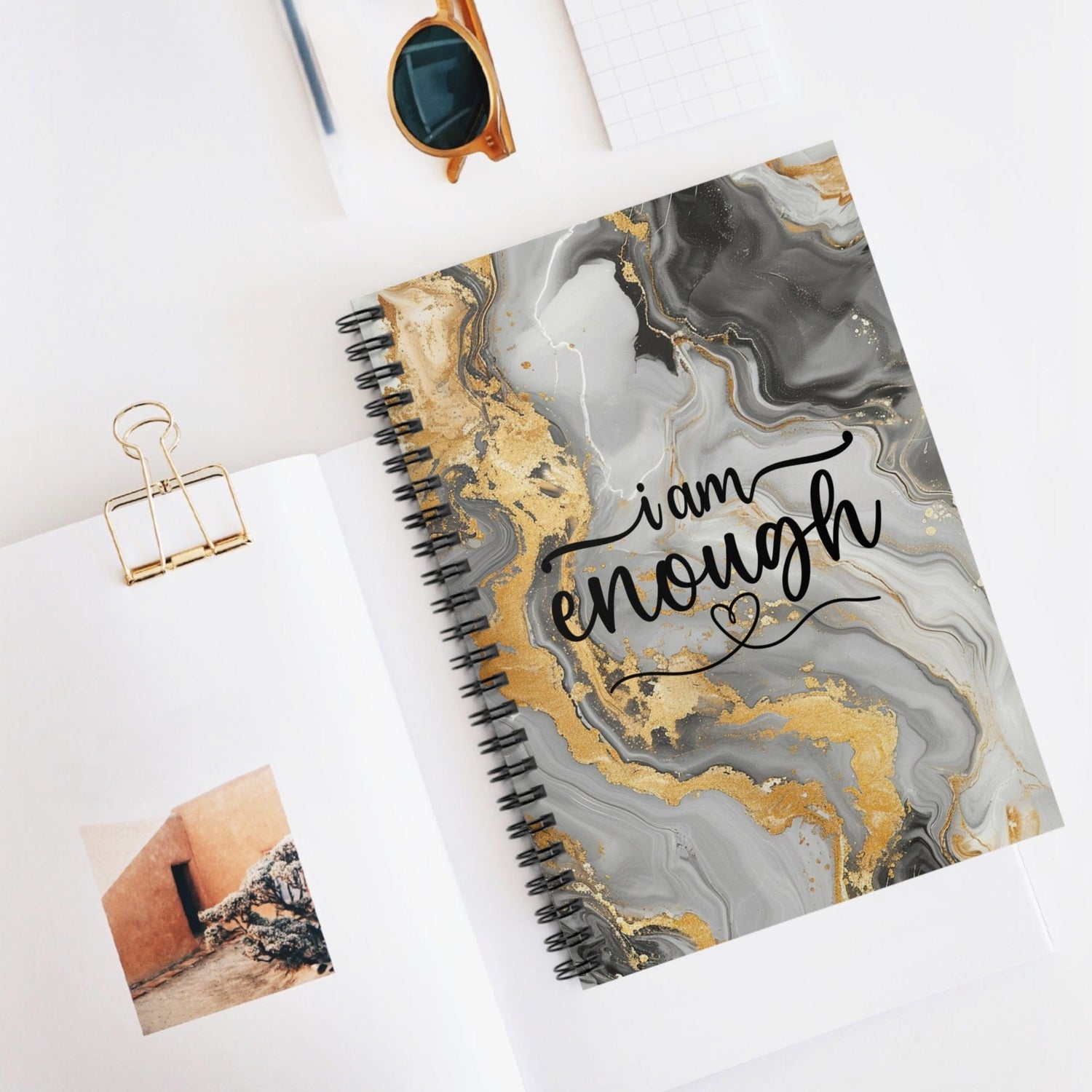 Metallic Watercolor Notebook, Spiral Journal, Beautiful Motivational Quote, I Am Enough